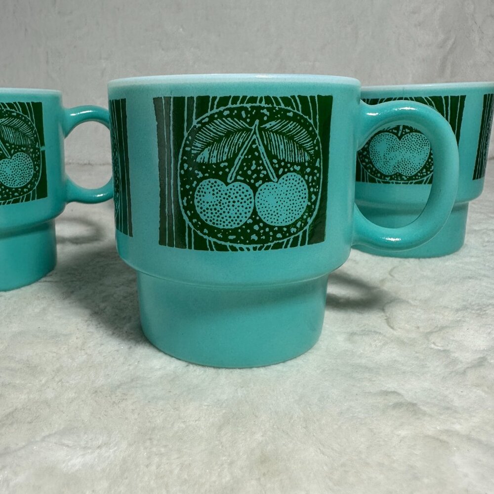 4 Vintage Teal Blue Stackable Coffee Mug Cups Turquoise Hazelware Fruit W6809 - Picture 4 of 12